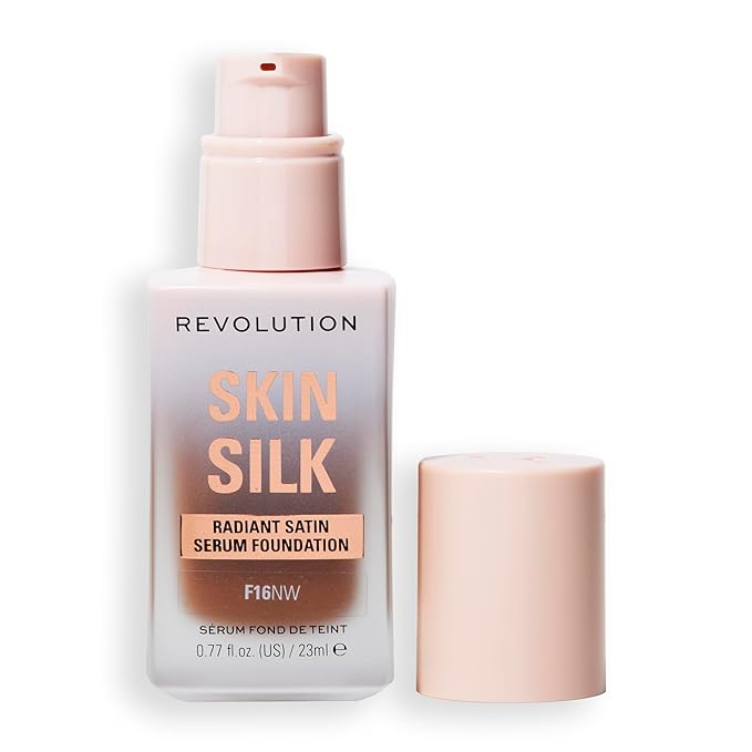 Revolution Skin Silk Radiant Satin Serum Foundation, Buildable Coverage with Hydrating Hyaluronic Acid for a Natural Finish, Vegan & Cruelty-Free, F16NW Dark Skin Tones, 0.77 fl oz