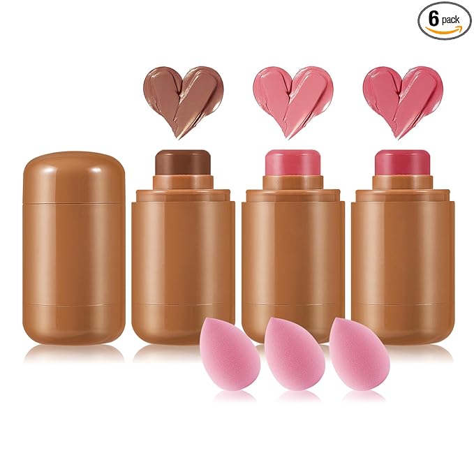 3 Colors Blush Stick with Makeup Sponges,Matte Solid Cream Blush,Multi-Use Blush Stick for Cheeks,Lips and Eye,High Pigmented Makeup Sticks Set A4