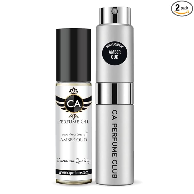 CA Perfume Duo Impression of Amber Oud For Women And Men Perfume Layering Set Long Lasting Travel Size EDP + Body Oil Roll-On Bottle 0.27 Fl Oz+0.33 Fl Oz