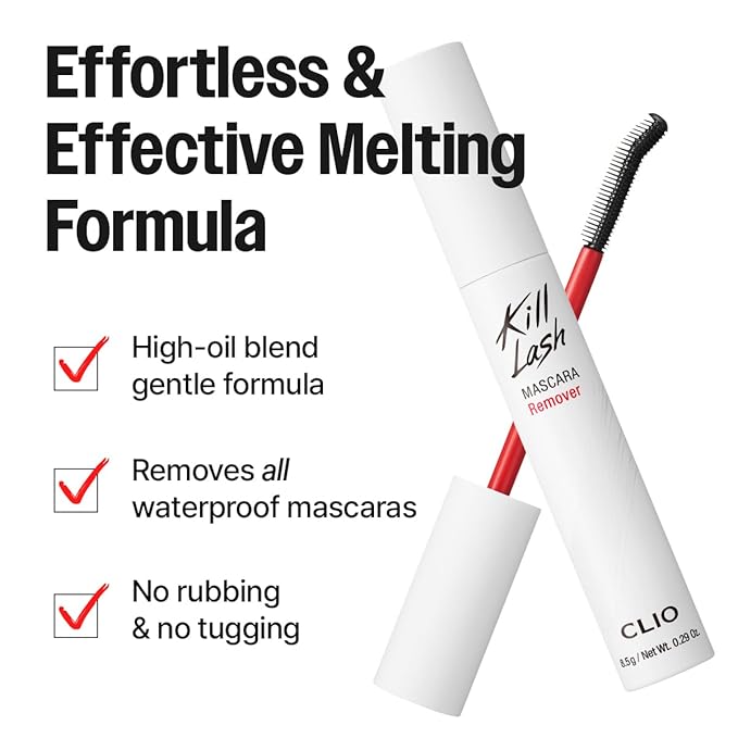 CLIO Kill Lash Mascara Remover, Waterproof Eye Makeup Remover with Curved Precision Brush, Oil Cleanser for Superproof Mascara and Lash Base, No-Rub Gentle Cleansing
