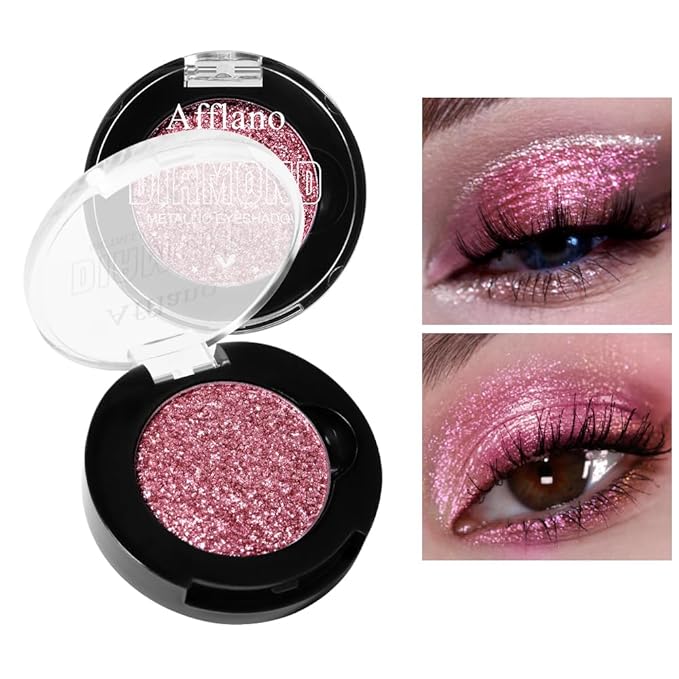Afflano Single Pink Glitter Eyeshadow Palette, Sparkle Champagne Pink Rose Glitter Eyes Look, Highly Pigmented, Long Lasting Diamond Metallic Eye Shadow Pallet for Girl Women Concerts Day Night Makeup