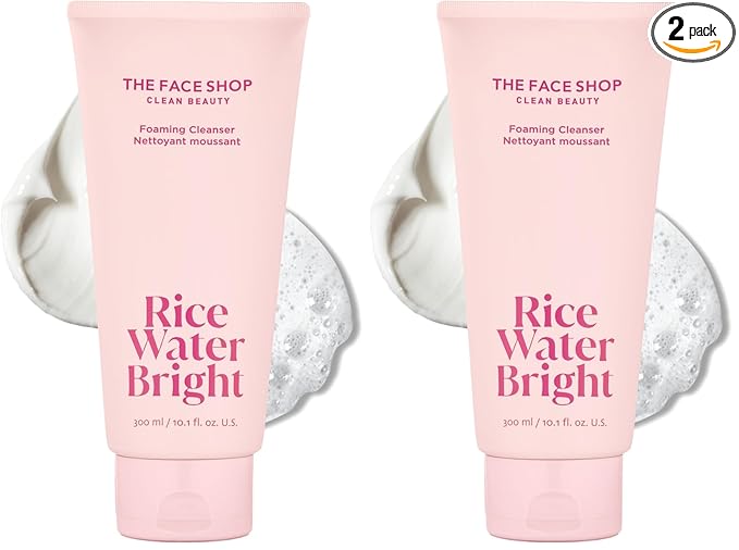 The Face Shop Rice Water Bright Foaming Cleanser, Hydrating Korean Face Wash with Ceramides, Deep Pore Cleansing, All Skin Types, Gentle Skincare, Vegan, 10.1 fl. oz. (Pack of 2)