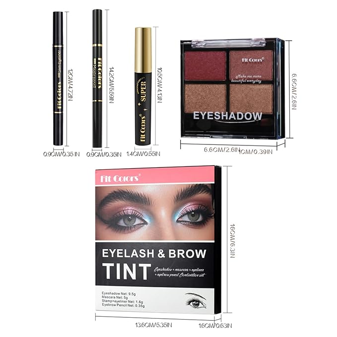 4-in-1 Eye Makeup Kit 4 Colors Eyeshadow Palette Black Liqiud Eyeliner with Stamp and Double-headed Brown Eyebrow Pencil Set for Women Beginners Gift (02)