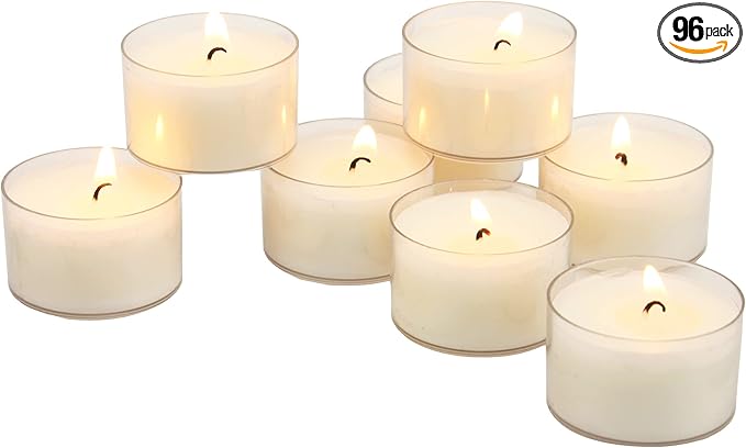 Stonebriar 96 Count White Unscented Smokeless Long Burning Clear Cup Tea Light Candles with 6 to 7 Hour Burn Time