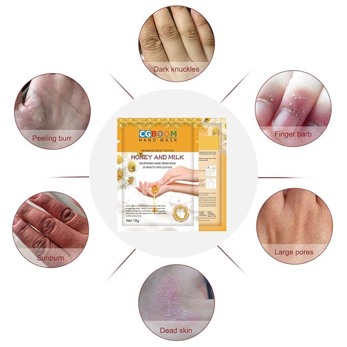 CGBOOM 5 Pairs Hand Masks Moisturizing Gloves, Hand Skin Repair Renew Mask Infused Collagen, Vitamins + Natural Plant Extracts for Dry, Aging, Cracked Hands (Honey and Milk)