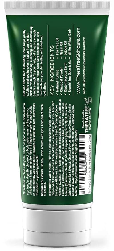 TheraTree Tea Tree Oil Exfoliating Body Scrub - Deep Cleansing Foot & Body Charcoal Scrub with Peppermint, Spearmint & Neem - Soothing Exfoliator for Healthy-Looking Skin, 6 oz