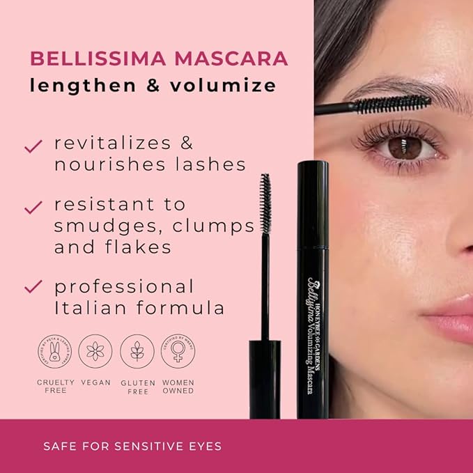 Honeybee Gardens Bellissima Volumizing Mascara, Black Lace, Lightweight Bold Lashes, Non-Smudging, Vegan, Gluten-Free, Cruelty-Free, 0.13 oz