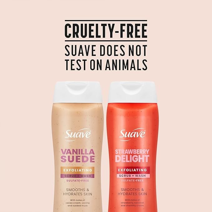Suave Exfoliating Scrub + Wash Variety 2-Pack – Vanilla Suede & Strawberry Delight, Sulfate-Free Body Wash Set, 18 Oz Ea