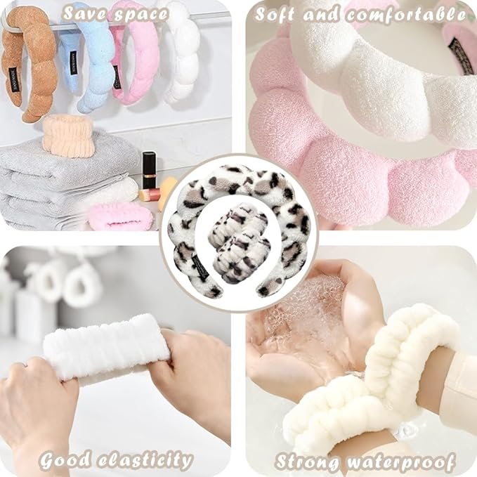 Tetizo Spa Headbands for Washing Face Wristband Set Sponge Makeup Skincare Headband Wrist Towels Bubble Soft Terry Towel Cloth Hairband for Women Puffy Headwear Non Slip Thick Thin Hair Headwear