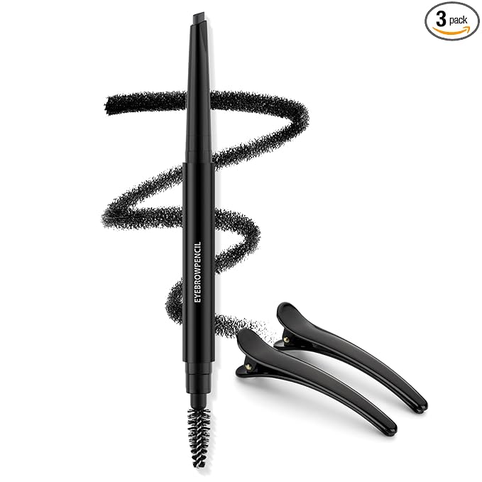 Eyebrow Pencil - Makeup Waterproof Brow Pencil with Triangular Tip, Dual-Sided Brow Brush, Precise, Fine Tip, Fills Brows Creates Natural Looking Brow, with Hair Clips - Black