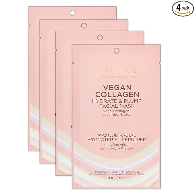 Pacifica Vegan Collagen Hydrate & Plump Face Mask 4-Pack – Hydrating & Plumping Peptide-Infused Sheet Mask for Dewy Skin, with Vegan Collagen, Cucumber & Aloe, Clean Beauty Skincare