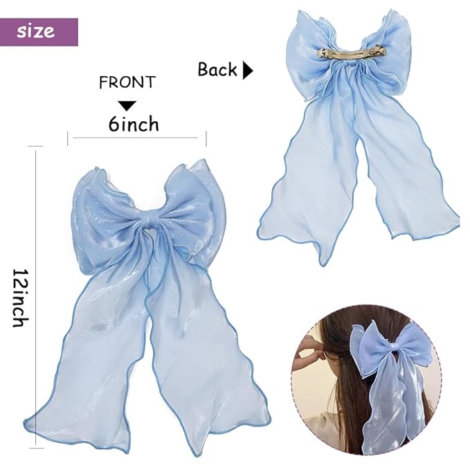 Bright Colors Hair Ribbon-Organza Bow With Long Tail Ribbon ，Soft Chiffon Hair Bows for Women and small Girls，Elegant and fashionable Large Bow Metal Spring Clip bow hair clip Large -Blue