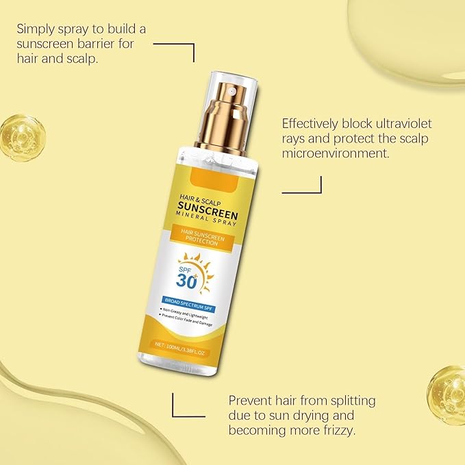 Hair & Scalp Sunscreen Spray SPF 30+, UV Protection Spray for Hair & Scalp, Lightweight Non-Greasy Water-Resistant Formula, Ideal for Outside (1pc)