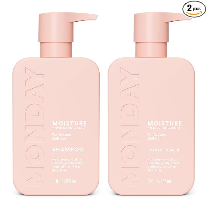 MONDAY HAIRCARE Moisture Shampoo + Conditioner Set for Dry, Coarse, Stressed, Frizzy Hair, Made with Coconut Oil, Rice Protein, Shea Butter and Vitamin E, All Natural, 12 fl oz (Pack of 2)
