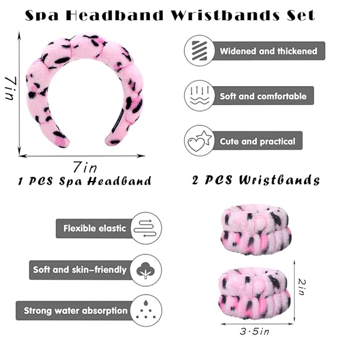 Tetizo Spa Headbands for Washing Face Wristband Set Sponge Makeup Skincare Headband Wrist Towels Bubble Soft Terry Towel Cloth Hairband for Women Puffy Headwear Non Slip Thick Thin Hair