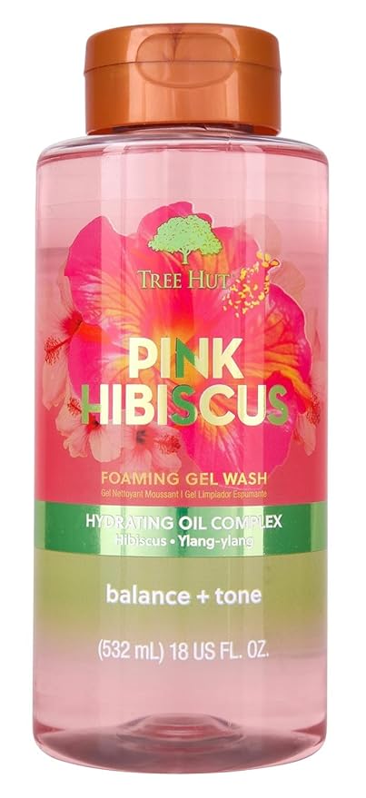 Tree Hut Pink Hibiscus Foaming Gel Wash, Hydrating & Moisturizing Body Wash with Shea Butter & Nourishing Essential Oils, Daily Cleanser for Soft Smooth Skin, 18 fl oz
