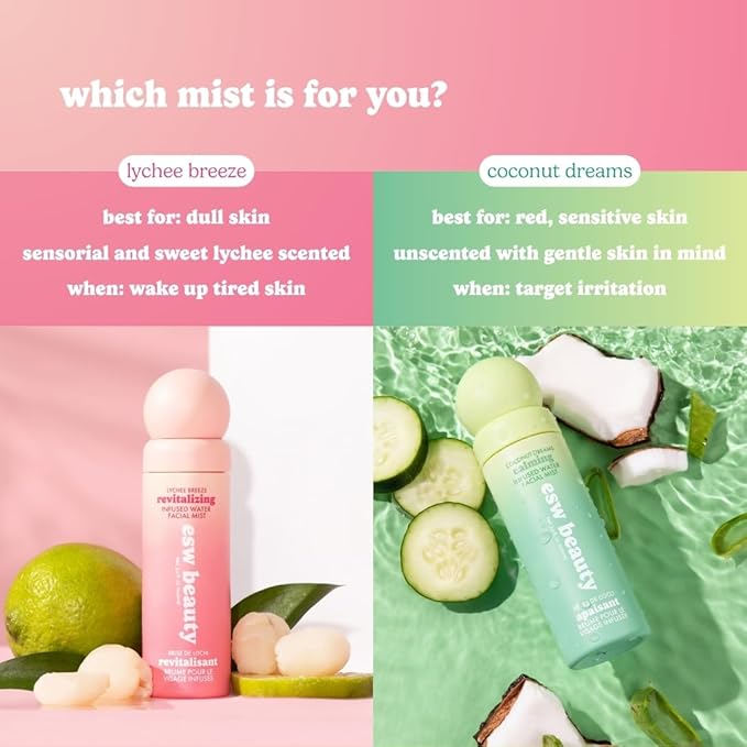 ESW Beauty Lychee Breeze Facial Mist - Hydrating Face Mist - Makeup Primer & Setting Spray - Scented Face Toner with Lychee Water, Lime, Green Tea & Caffeine 3.4oz