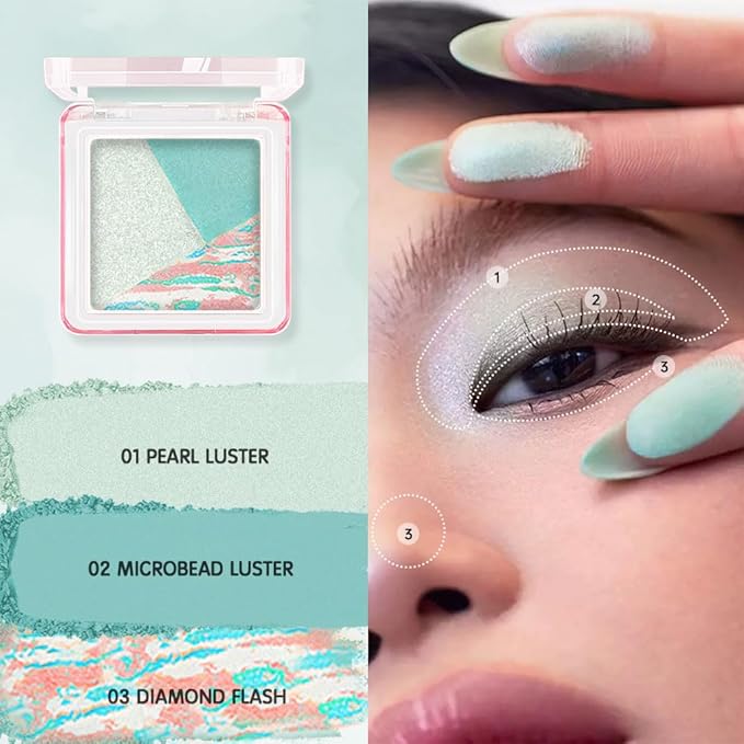 Mini Light Green Baked Eyeshadow Palette, 3 Shade Soft Shimmer Eye Shadow, Fresh Natural Eye Makeup, Smooth Blendable & Buildable, No Fallout, Long-Lasting Daily Look, Paleta de Sombras de Ojos 02