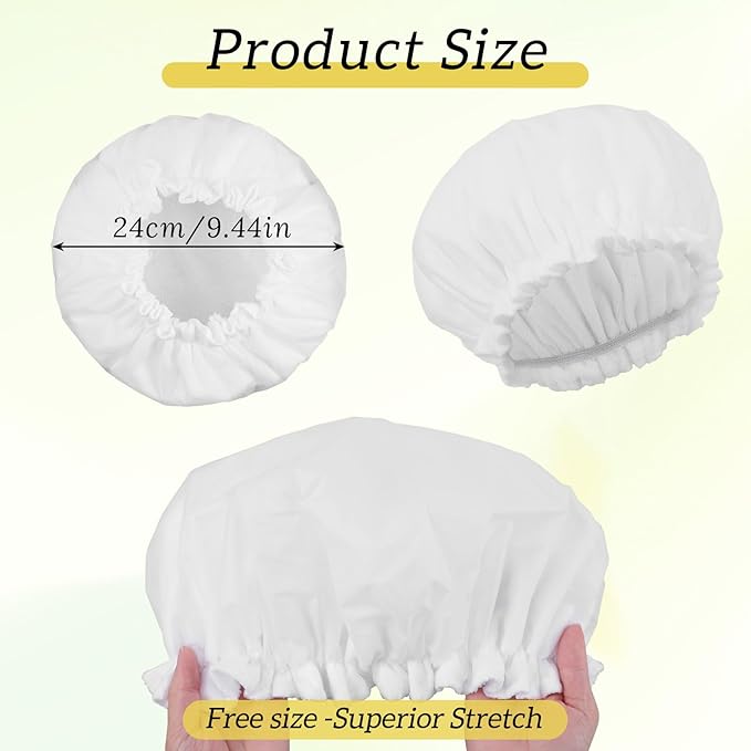 Reusable Shower Caps for Women Waterproof Double Layer Bath Cap Terry Lined Shower Cap with Elastic Large Bath Hair Caps for All Hair Lengths for Women Spa Home Salon Use(White)