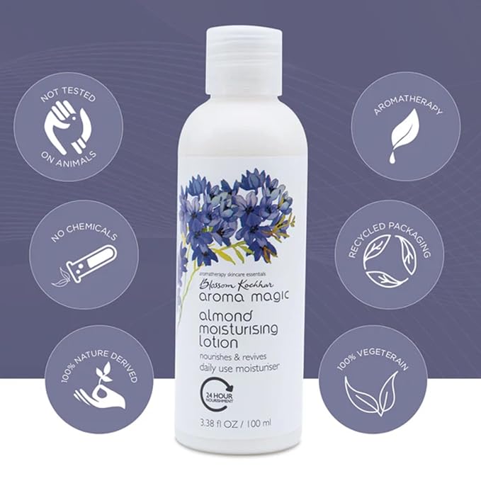 Aroma Magic Almond Moisturising Lotion for Dry Skin | Daily Face & Body Moisturizer with Almond Fruit & Lotus Leaf | Softens, Revives, Rejuvenates | 3.38 Fl Oz (100ml)
