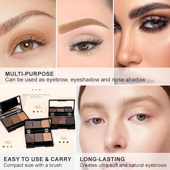 Eyebrow Powder Dark Brown Medium Brown Kit,Eye Brow Powder for Women with Brow Brush,Long-Lasting Waterproof Three Colors Brow Filler Get Full Defined Natural Brows,Brown Eyebrow Powder Makeup
