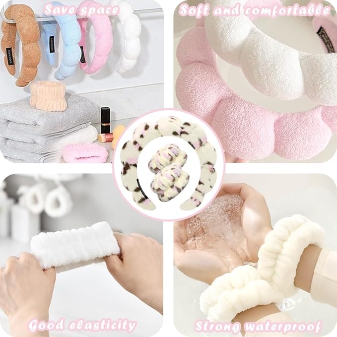 Tetizo Spa Headbands for Washing Face Wristband Set Sponge Makeup Skincare Headband Wrist Towels Bubble Soft Terry Towel Cloth Hairband for Women Puffy Headwear Non Slip Thick Thin Hair Headwear