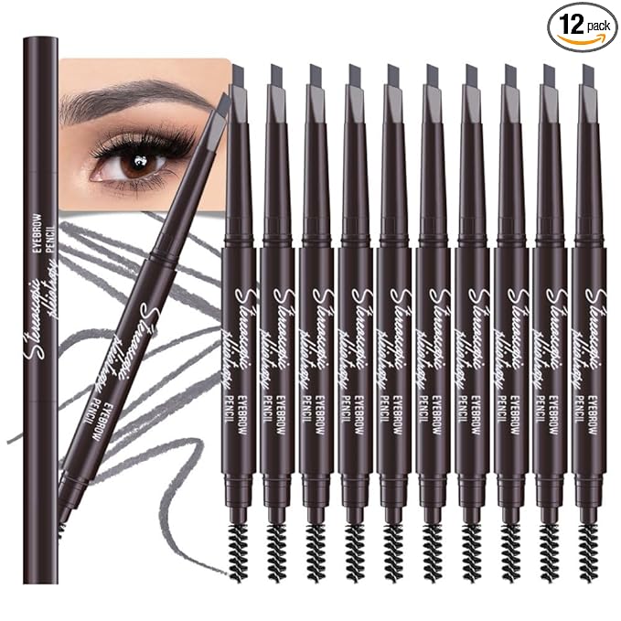 12 Pcs Ultimate Eyebrow Retractable Definer Pencils,Dual-Sided Natural Soft Textured Eyebrow Pencil, for Daily Look Eyebrow Makeup,Brow Brush,Fine Tip (12Pcs-Grey-Retractable Triangle)