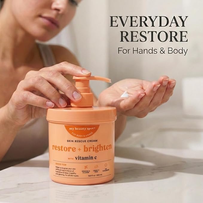 My Beauty Spot Vitamin C Hand Cream with Pump – Restore & Brighten Moisturizing Hand Lotion for Extremely Dry Cracked Hands, Non-Greasy Body Moisturizer & Hand Cream for Women - (16.9 fl oz)