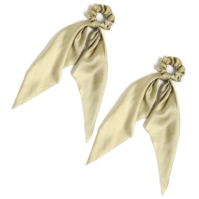 LFOUVRE Pack of 2 Knotted Bow Hair Scrunchies, 3 inch Diameter, 11.5 inch Satin Hair Ribbon Scrunchies, Hair Accessories for Women and Girls (Pea green, 2 Count)
