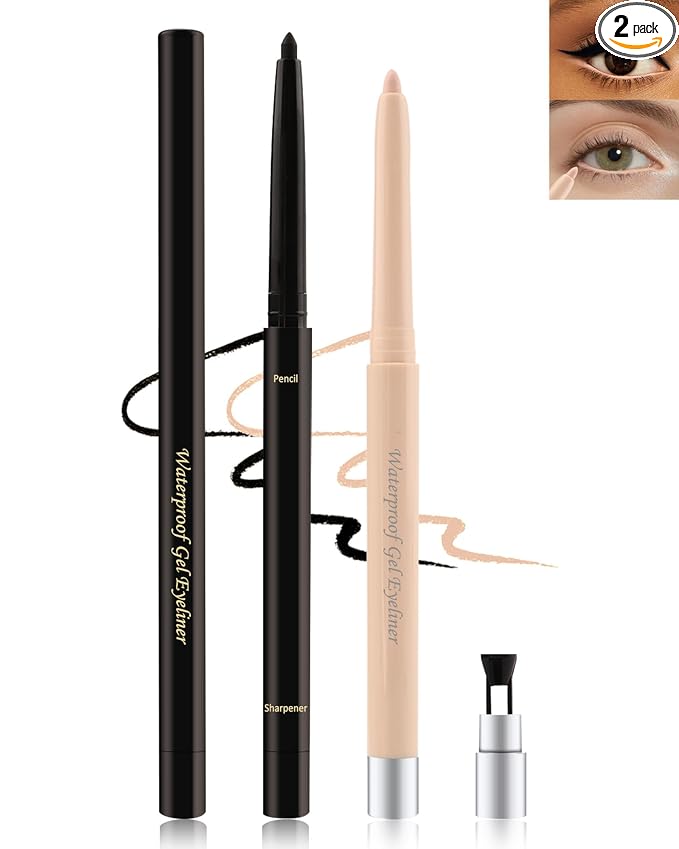 Black+Nude Waterline Eyeliner Pencil, Cream Gel Eye Liner Pencils for Older Women,Waterproof Smudge-Proof Long Wear Retractable Eye Liner with Sharpener, Water Line Eyeliner for Older Women-2Pcs