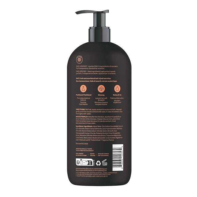 ATTITUDE Men's Shampoo and Conditioner 2-in-1, Nourishing For Dry Hair and Scalp, With Panthenol and Ginseng, 97% Natural Origin Ingredients, EWG Verified, Patchouli & Bourbon, 32 Fl Oz