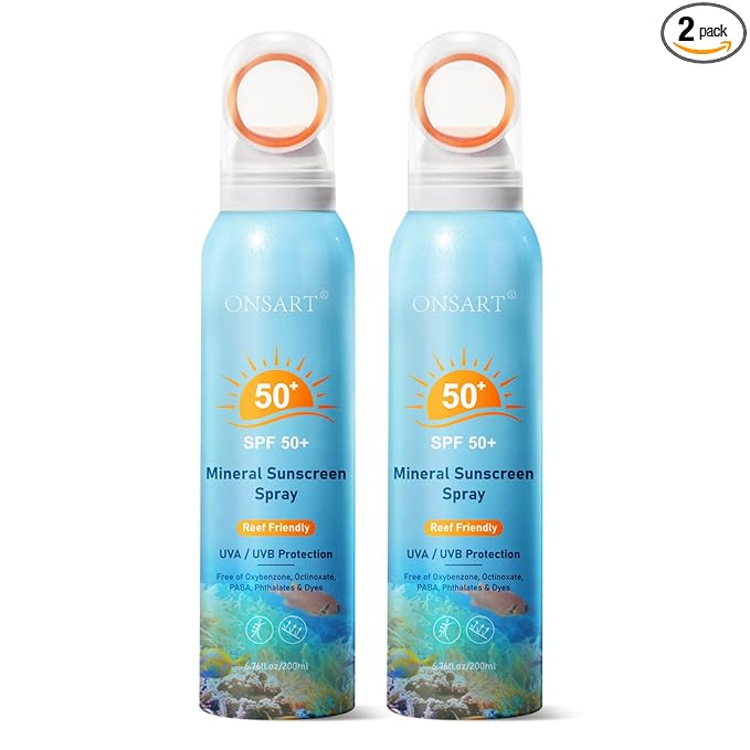 Reef Safe Mineral Sunscreen Spray SPF 50+ with Zinc Oxide, Broad Spectrum UVA/UVB Protection, Lightweight Non-Greasy, Travel Size Sunscreen for Face & Body, Water & Sweat Resistant, 6.76 oz(2 Pack)