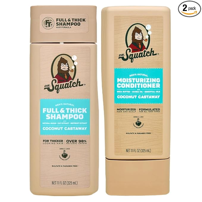Dr. Squatch Full + Thick Men's Shampoo and Conditioner Set - For Fuller, Thicker-Looking Hair - Natural Shampoo and Conditioner for Men - Coconut Castaway (11 fl oz, 2-Pack)