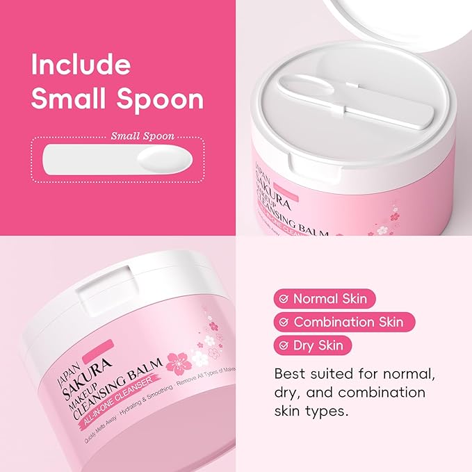 Cleansing Balm Makeup Remover with Japan Sakura Extracts, Hyaluronic Acid, Nourishing Melting Cleanser, Non-Greasy, Cleanses, Removes Makeup & Moisturizes Skin, All-in-One Facial Cleanser