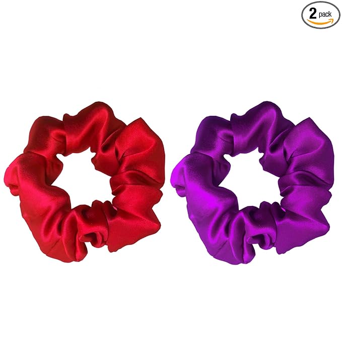 SALE 100% Pure Mulberry Silk Hair Scrunchies16 Momme silk scrunchies 100% Silk Hair Scrunchies Silk Hair Ties for Women Girls Curly Thick Thin Hair Women's Black Satin Sleep (2, 04 red & purple)