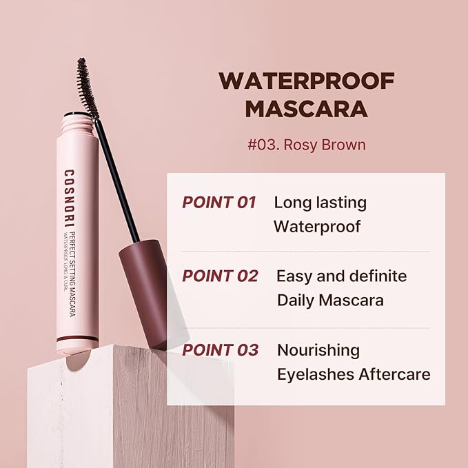COSNORI Waterproof Mascara & Remover Set 03 Rosy Brown - Ultra-Strong Waterproof Mascara with Gentle Eye Makeup Remover, Smudge-Proof & Easy Cleansing Duo (03 Rosy Brown + Mascara Remover)