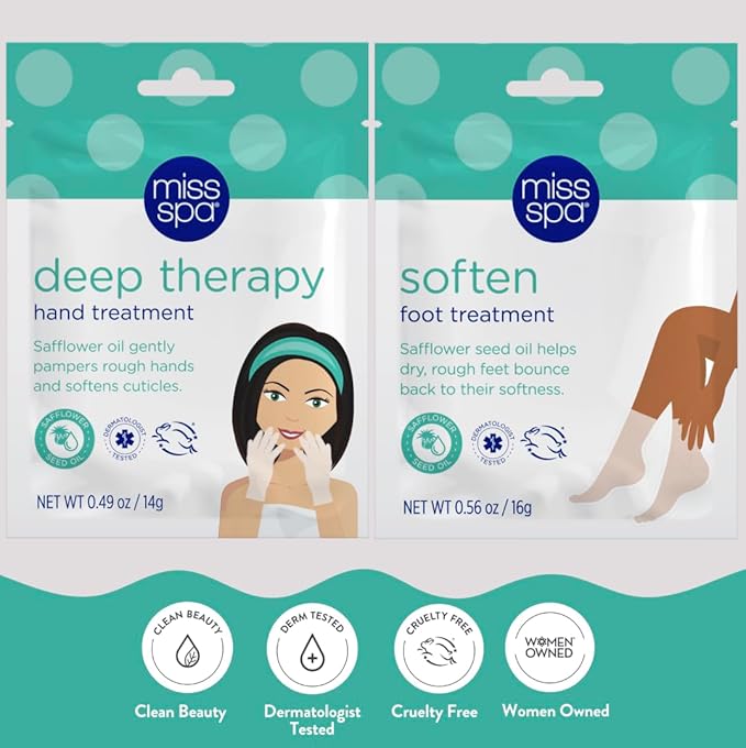MISS SPA Moisturizing Hand Foot Treatment Set for Women, Nourishing Deep Therapy Softening Gloves and Foot Masks, Moisturizing Hand Masks Gloves for Dry Skin Soften Cuticles, Skin Care Set, 4-Pack