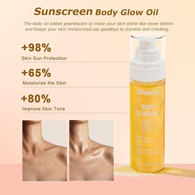 Sunscreen Body Glow Oil,Broad Spectrum SPF 45,Glitter Shimmer Body Oil with Gold Mica,Moisturizing Coconut Oils,Waterproof Non Sticky Sun-kissed Skin Moisturizer Beach Travel Essentials (#01 Gold)