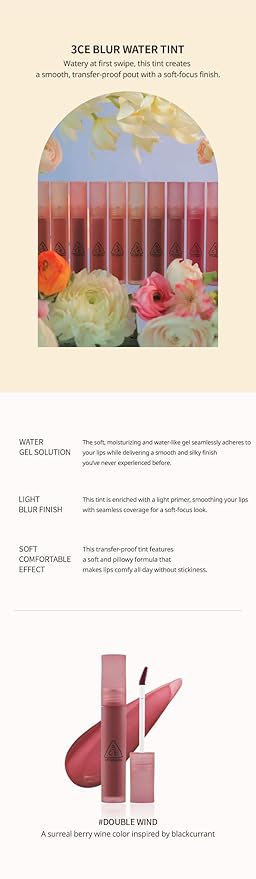 3CE BLUR WATER TINT(4.6g) soft lip with less smear with a blurry finish (#DOUBLE WIND) with sun cream(1ml*3ea)