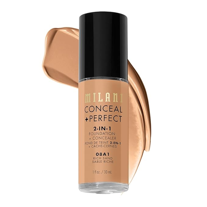 Milani Conceal + Perfect 2-in-1 Foundation + Concealer for a Flawless Complexion, Under Eye Corrector, Cover Redness and Imperfections, Waterproof and Sweatproof - 08A1-Rich Sand