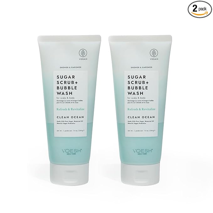 VOESH Sugar Scrub + Bubble Wash, Exfoliating Body Wash, Clean Ocean 2 Pack, Scalp Exfoliator, Scalp Care, Vegan Skin Care