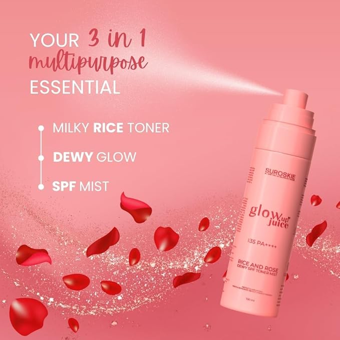 Suroskie Glow Up Juice Spf 35 Pa++++ 100Ml | Rose & Rice Toner Korean Skincare For Glass Skin | Uv Rays Protection | Brightens & Smoothens | Dewy Mist For All Skin Types | Dermatologically Tested
