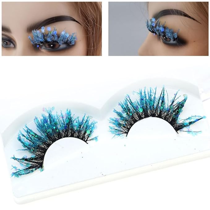 Sunniess Luminous Glitter Lashes,3D Dramatic Eyelashes with Sequins,25mm Decorative Sparkly Lashes for Halloween Colorful Lashes Christmas Cosplay Party Stage Makeup Colored False Eyelashes