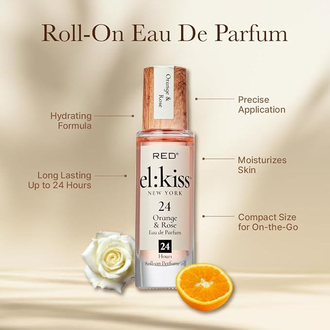 EL:KISS Roll On Perfume, Orange & Rose Inspired by Coco Mademoiselle Eau de Parfum 12mL (.40 Fl Oz), Hydrating & Long-Lasting, Alcohol-Free & Mineral Oil-Free, With Jojoba, Argan & Coconut Oil