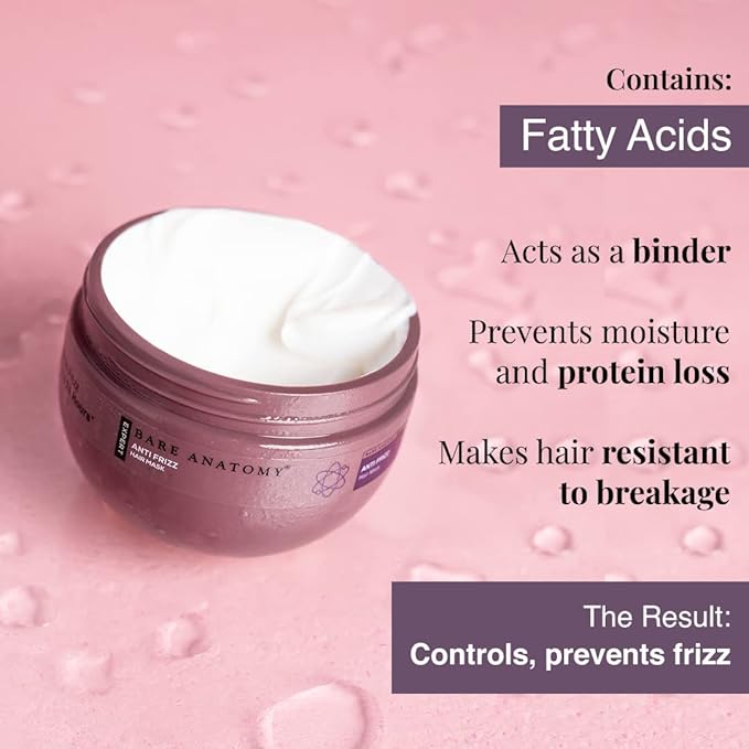Bare Anatomy Anti Frizz Hair Mask | 250ml | Powered By Hyaluronic Acid & Fatty Acids | For Deep Conditioned & Frizz Free Hair | Sulphate & Paraben Free | Women & Men