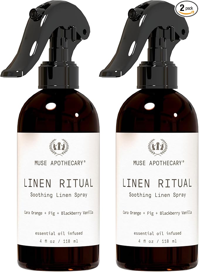 Muse Apothecary Linen Ritual - Aromatic, Soothing, and Relaxing Linen Mist, Laundry and Fabric Spray - Infused with Aromatherapy Essential Oils - 4 oz, Cara Orange + Fig + BlackBerry Vanilla, 2 Pack