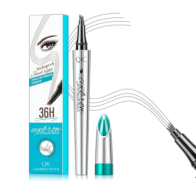 QIC Eyebrow 4 Tip Brow Pencil, Microblading Pen Waterproof Long-Lasting with Upgrade Micro-Fork Tip Applicator for Natural Brows (Gray-05)