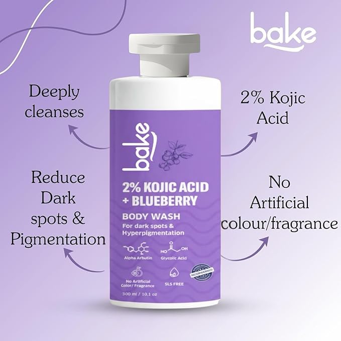 BAKE 2% Kojic Acid Body Wash for Pigmentation & Tan Removal with Glycolic Acid & Alpha Arbutin | For Dark Knees & Elbows | Dark Spots & Sun Damage | 250ml