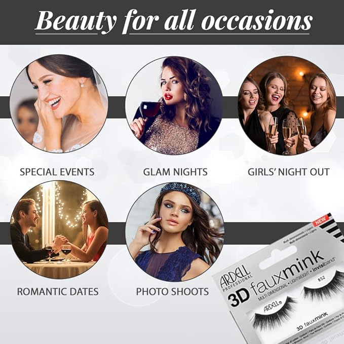 Ardell False Eyelashes 3D Faux Mink Lashes 852 - Flared, Natural Look Strip Wispy Lashes with Invisiband, 4 Pairs