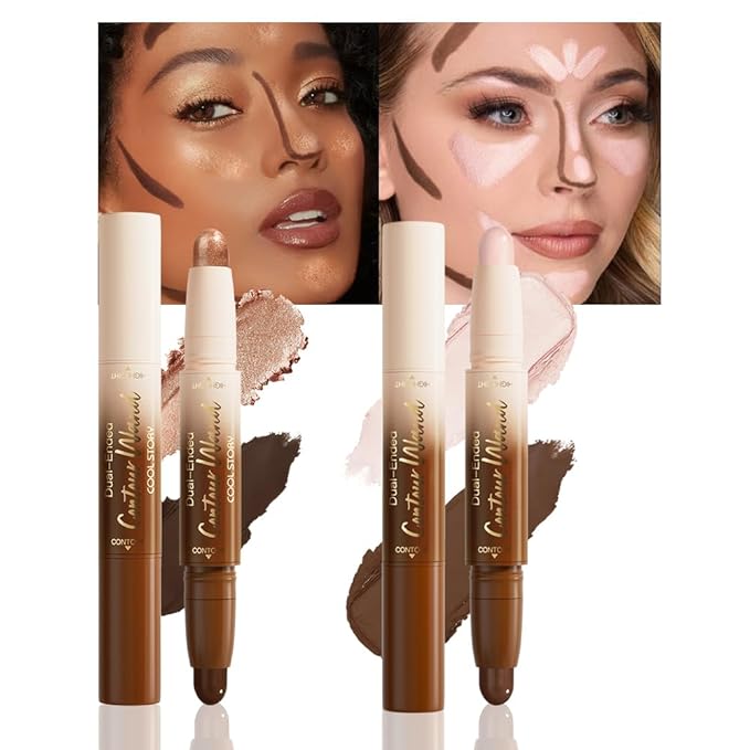 FeiCuiYun 2Pcs Dual-Ended 2-in-1 Cream Contour & Highlighter Stick Makeup For Face & Body – Waterproof, Long-Lasting, Suitable for All Skin Tones, (01+03)